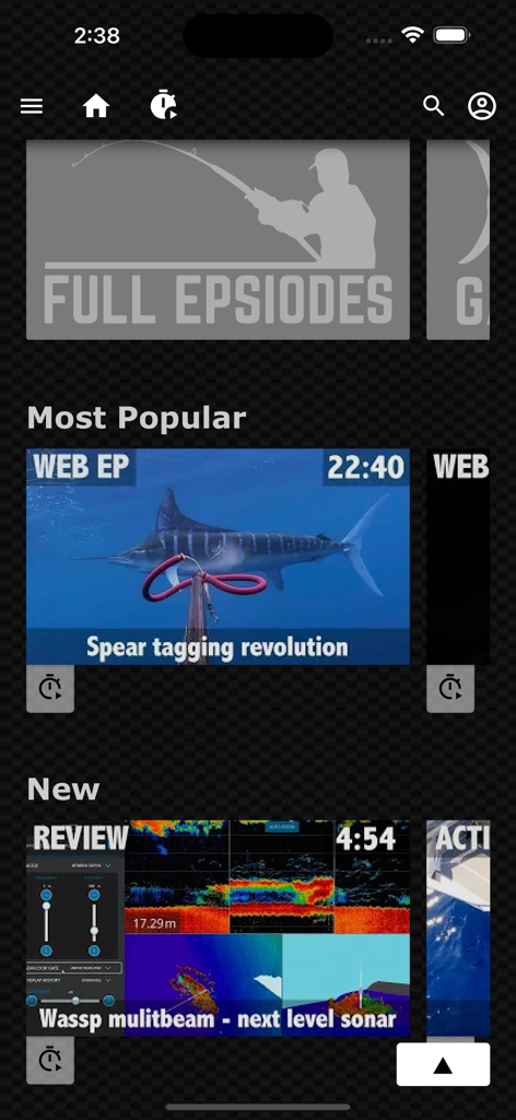 Mobile interface of the Ultimate Fishing app showing video categories for full episodes and gear reviews like sonar technology