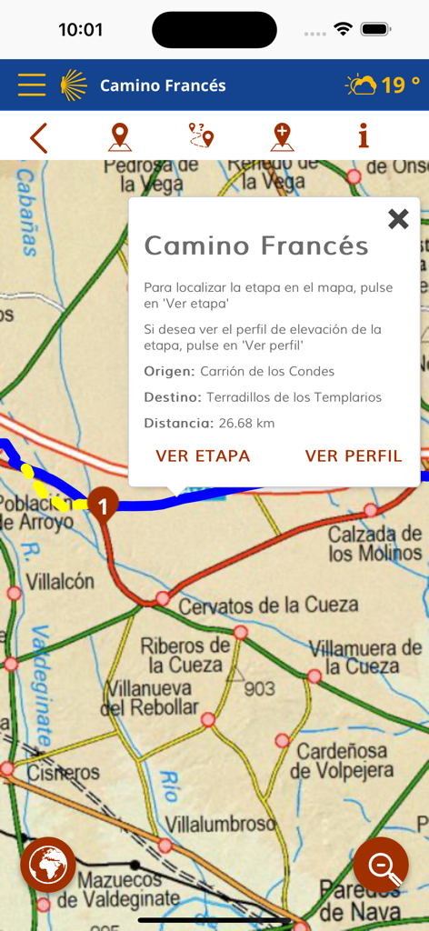 Caminos de Santiago - Interfaccia della mappa dell'app Caminos de Santiago che mostra i dettagli del percorso per una tappa del Cammino Francese.