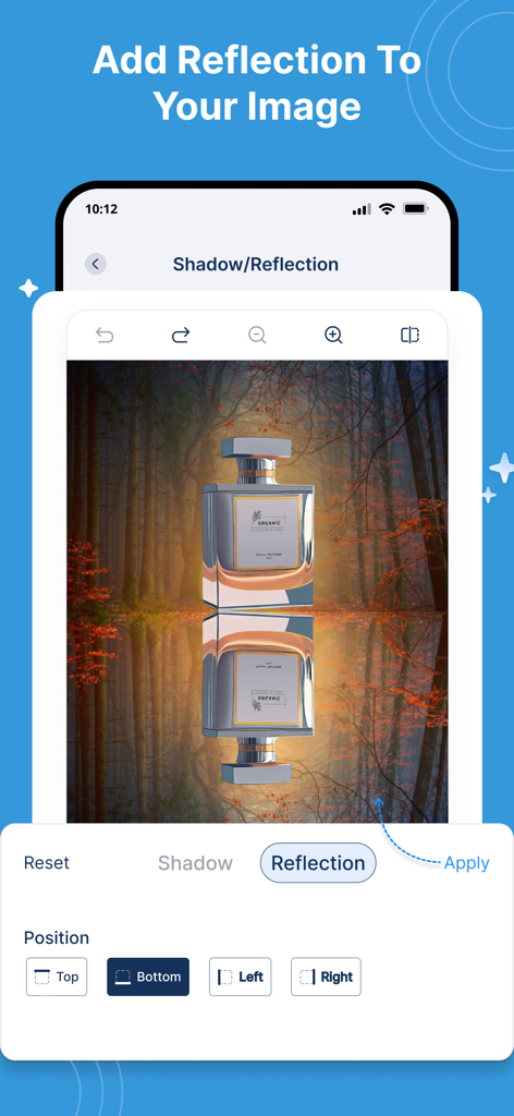 Una botella de perfume con un efecto de reflejo siendo editada en la aplicación Eliminador de Fondos.