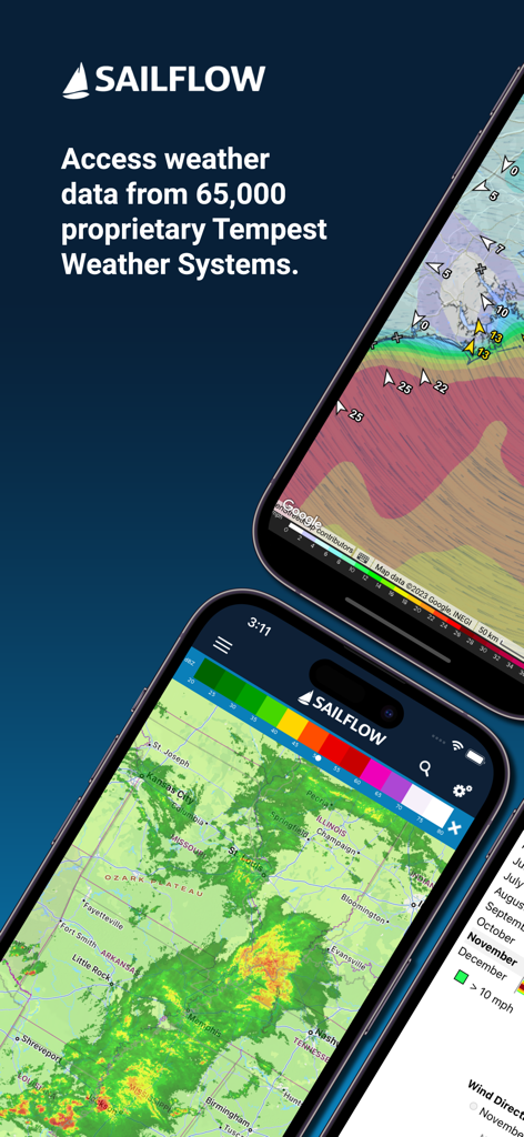 SailFlow海洋天気予報アプリのスクリーン。リアルタイム風とレーダー予報マップを表示。