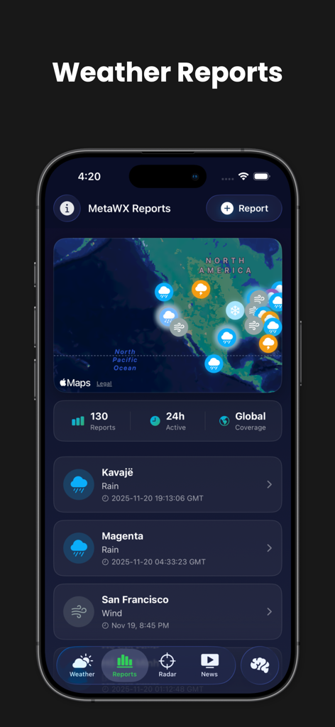 MetaWeather app interface showing user weather reports on a map of North America and a list of recent conditions in different cities