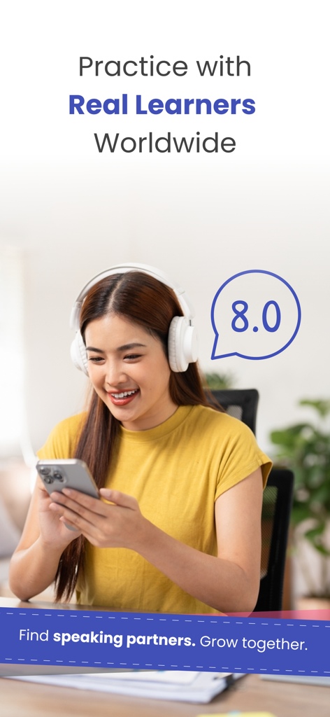 IELTS Pulse: Band 9 AI Prep - A student using a mobile phone and headphones to practice IELTS speaking with partners worldwide