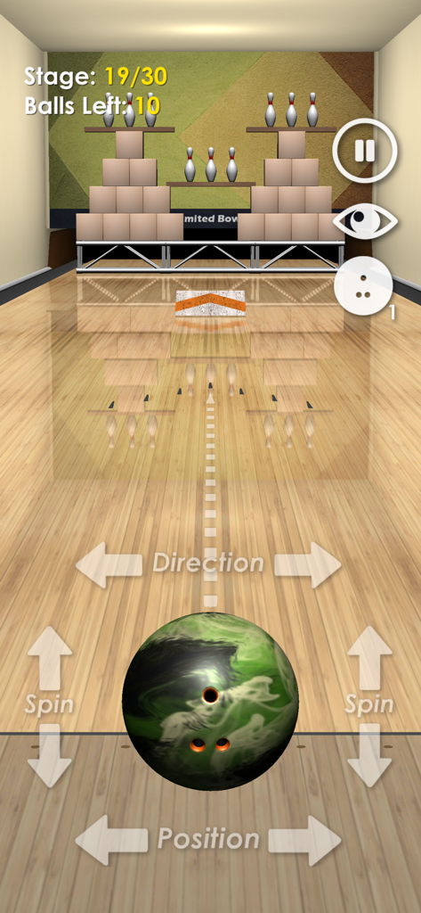 Unlimited Bowling - Unlimited Bowling gameplay showing ball controls and the Angry Bowl mini game stage