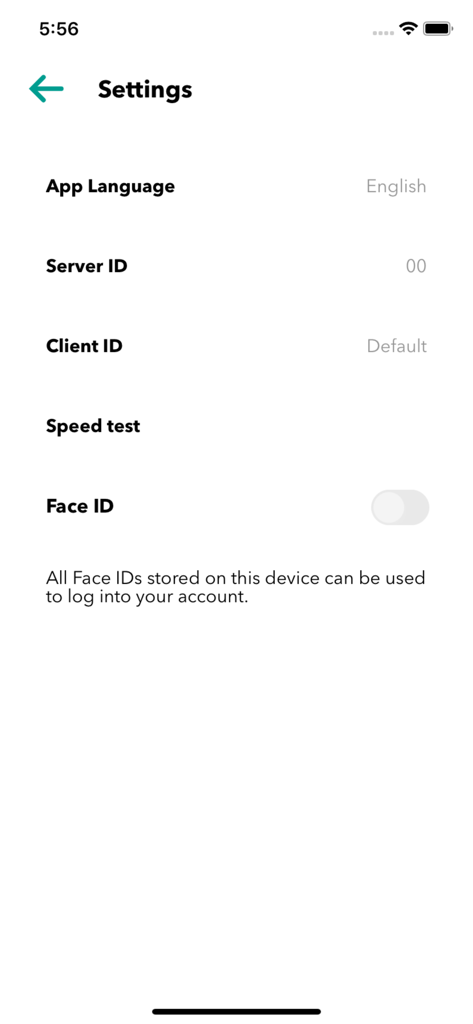KUDO Live - Settings screen of the KUDO Live app showing language preferences and Face ID security options.