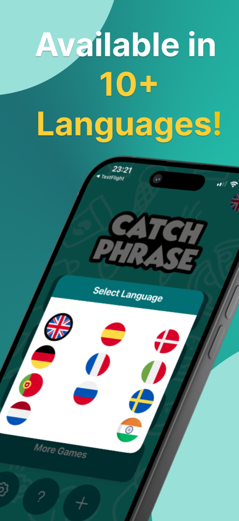 A smartphone screen displaying the language selection menu with various national flags for the Hot Phrase party word game.