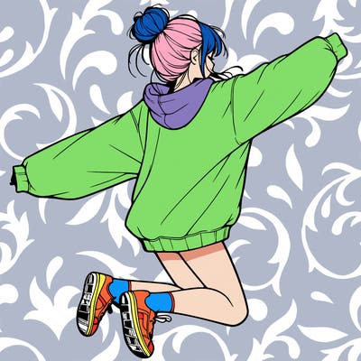 realistic girl jumping with a bun and oversized sweatshirt
