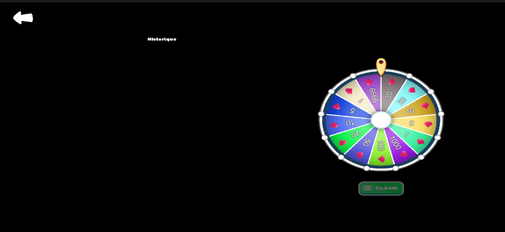 Blox Rbx World - Una rueda de recompensas colorida en la aplicación Blox Rbx World que muestra varios valores de puntos y un botón de reclamar