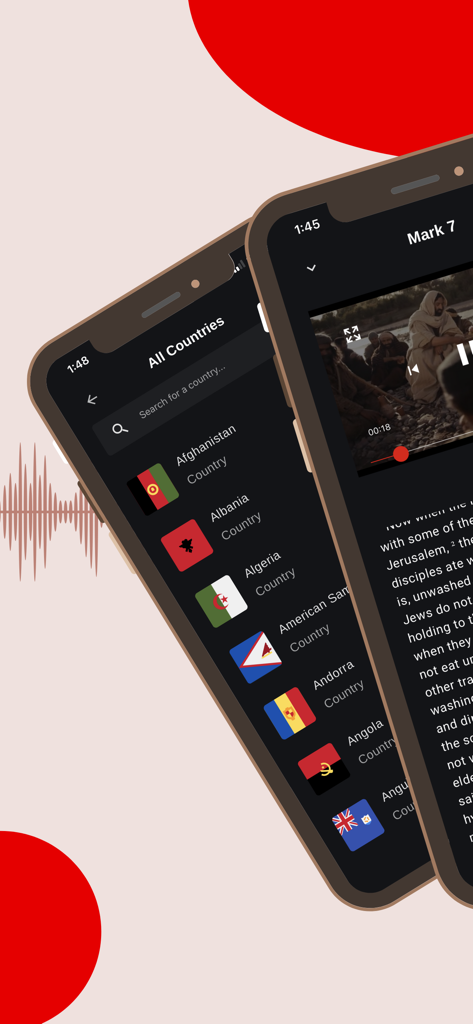 Bible - Audio & Video Bibles - L'application Bible.is affiche des écrans présentant une liste de pays pour la sélection de la langue et une vidéo de film évangélique dramatisée.