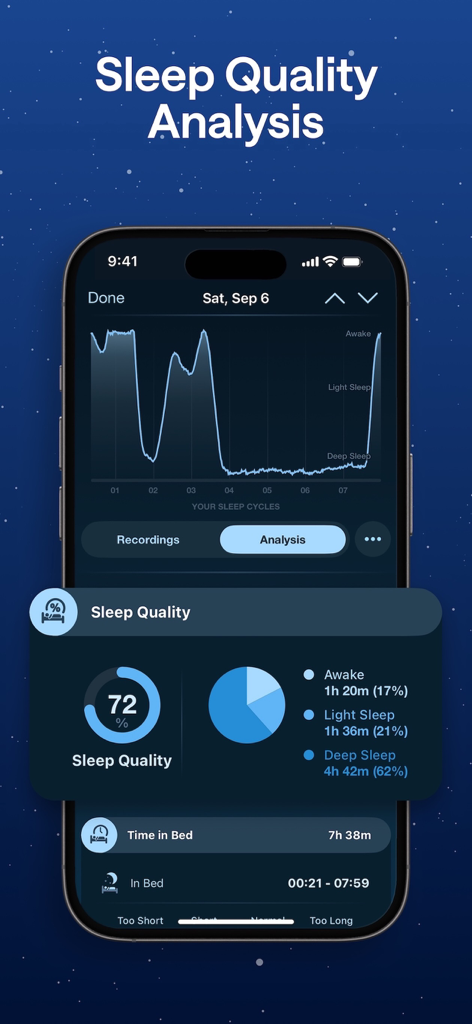 Sleep app showing sleep quality analysis with cycle charts and sleep statistics
