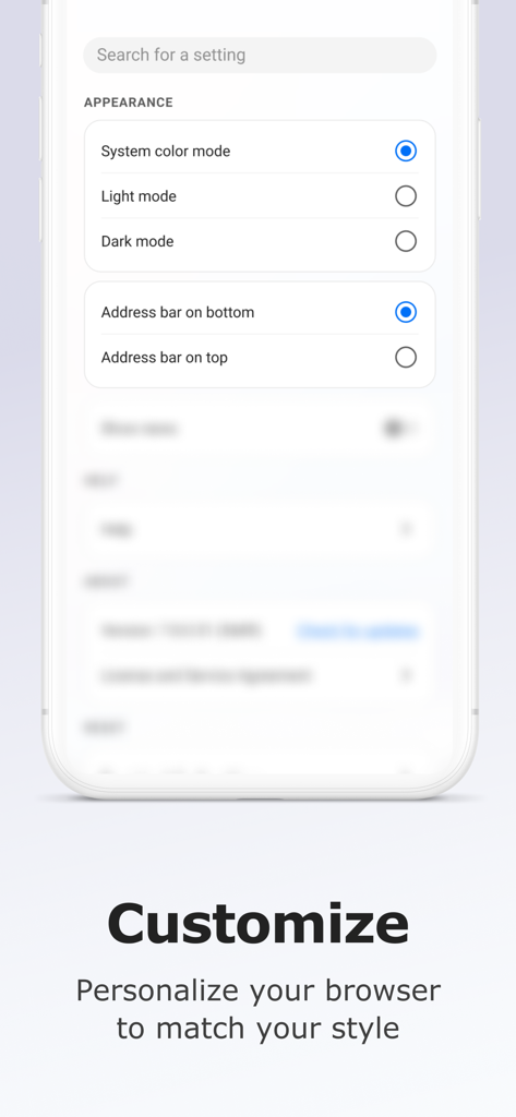 Tela de personalização do Norton Private Browser mostrando opções de aparência como modo escuro e posicionamento da barra de endereço