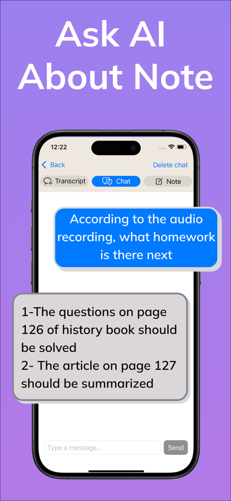 Whisper AI Voice to Text - Mobile screen showing the AI chat feature answering questions about an audio recording for students and professionals