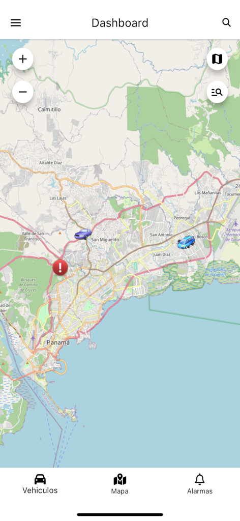 Real-time vehicle tracking map showing car locations and alerts in the Rastreo GPS V3 app