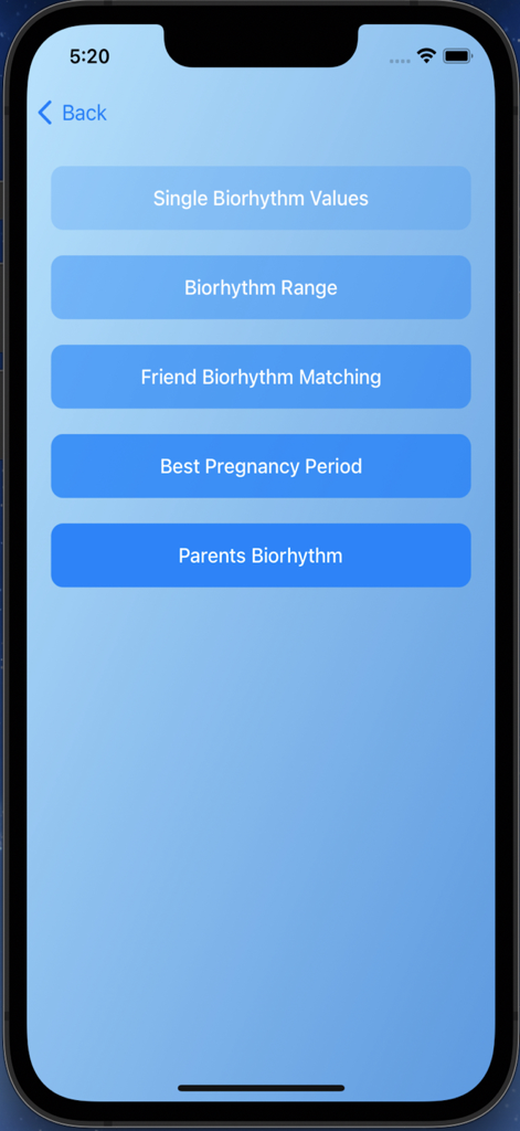 La pantalla del menú principal de la aplicación Bio-PC que muestra opciones para cálculos de biorritmos, emparejamiento de compatibilidad y planificación de embarazos.