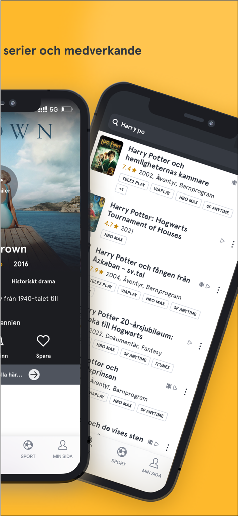 tv.nu: Streaming- & TV-guide - Interfaz de la aplicación tv.nu mostrando detalles de películas y resultados de búsqueda de servicios de streaming