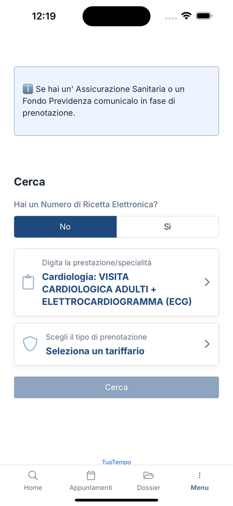 Interfaccia mobile per la ricerca e la prenotazione di un appuntamento medico di cardiologia nell'app Sacro Cuore Don Calabria