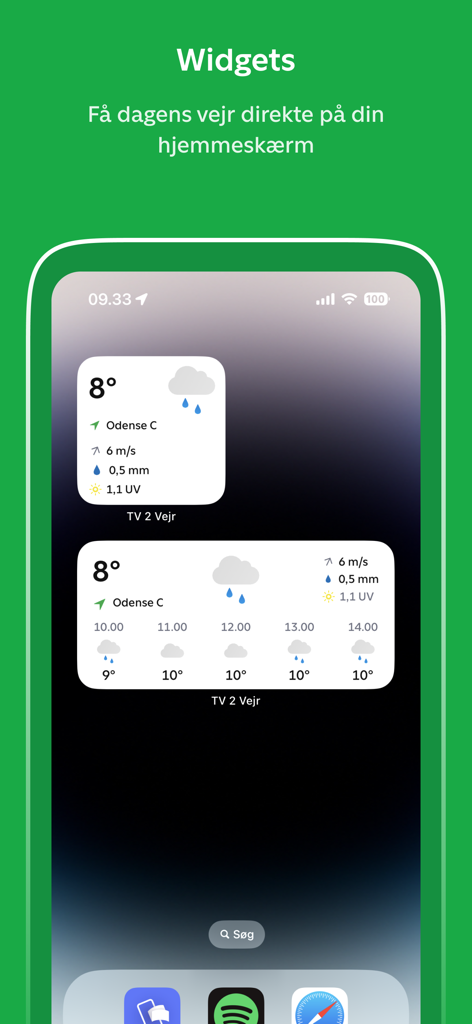 TV 2 Vejr - TV 2 Vejr app weather widgets on an iPhone home screen showing the forecast for Odense Denmark
