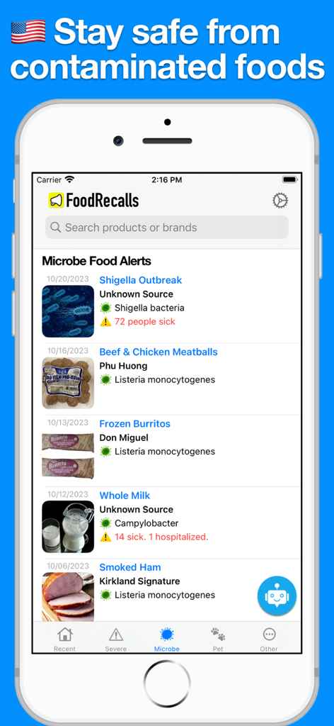 Food Recalls & Alerts - スモークハムや牛乳などの微生物関連の食品アラートやリコールされた製品のリストを表示するモバイルアプリ画面。