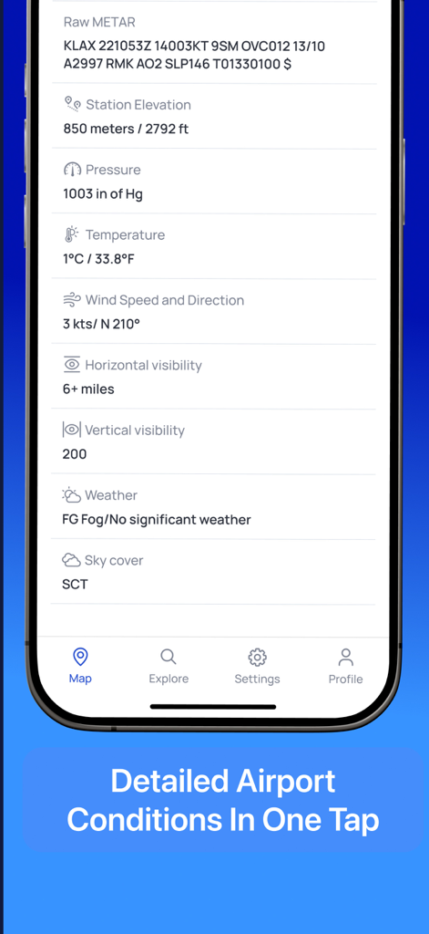 Mobile app interface showing detailed airport conditions including METAR data station elevation and wind speed