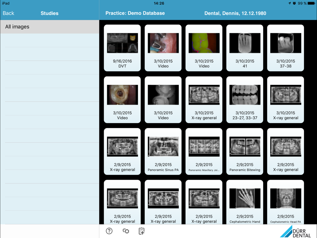 A grid view of patient dental scans including X-rays and panoramic images in the DUERR DENTAL Imaging app interface.