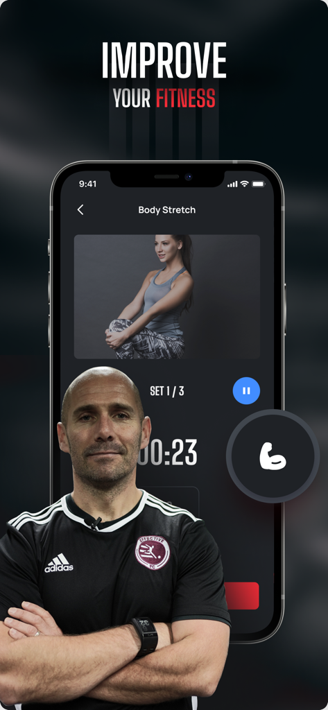 Soccer training app displaying a fitness workout and stretching exercise session.