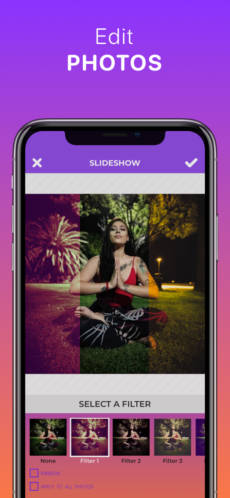 Interface de Quick Slideshow Maker montrant les options de sélection de filtres photo