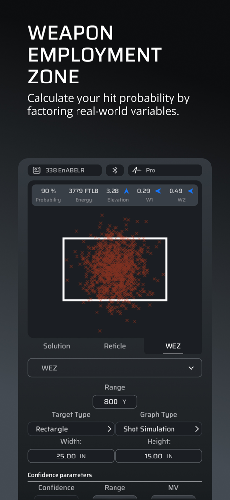 AB Quantum - AB Quantum mobile app interface showing the Weapon Employment Zone feature with hit probability calculations and shot simulation graph