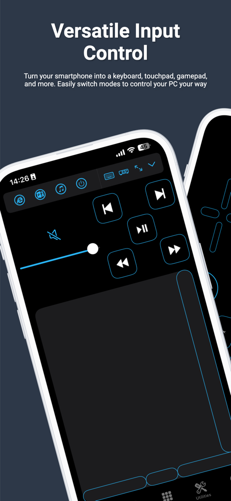 Interfaz de smartphone de la aplicación PC Remote mostrando controles multimedia y un panel táctil para la navegación remota del ordenador