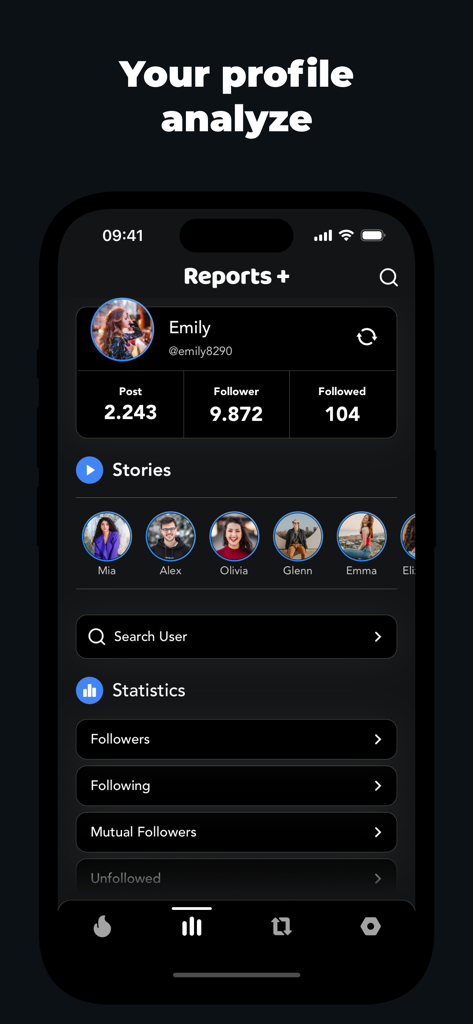 Gramly - Panel de la aplicación Gramly que muestra análisis de perfiles de redes sociales y recuentos de seguidores