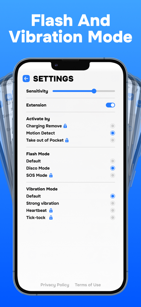 App settings screen showing customization for flash and vibration alarm modes