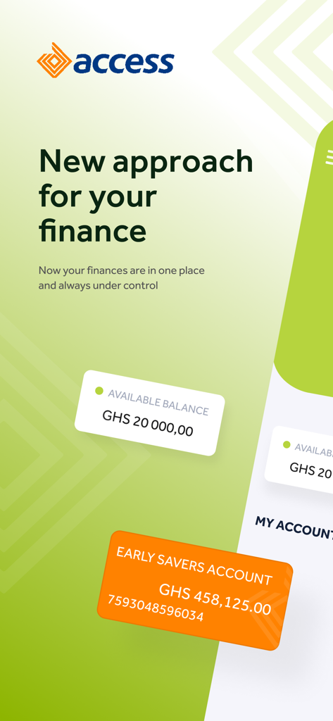 계좌 잔액 및 금융 관리 기능을 보여주는 Access Bank Ghana 모바일 뱅킹 앱 인터페이스