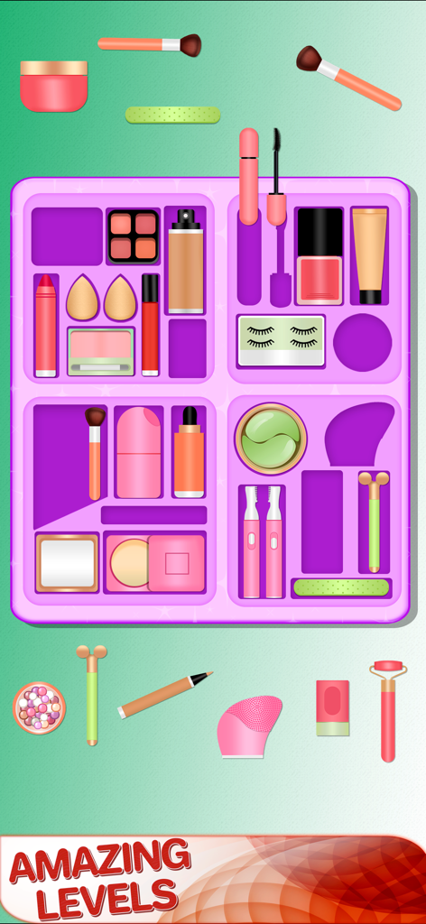 Beauty Organizer Game - A digital makeup organizer game screen where various cosmetic items like brushes, lipsticks, and sponges are being sorted into a pink tray