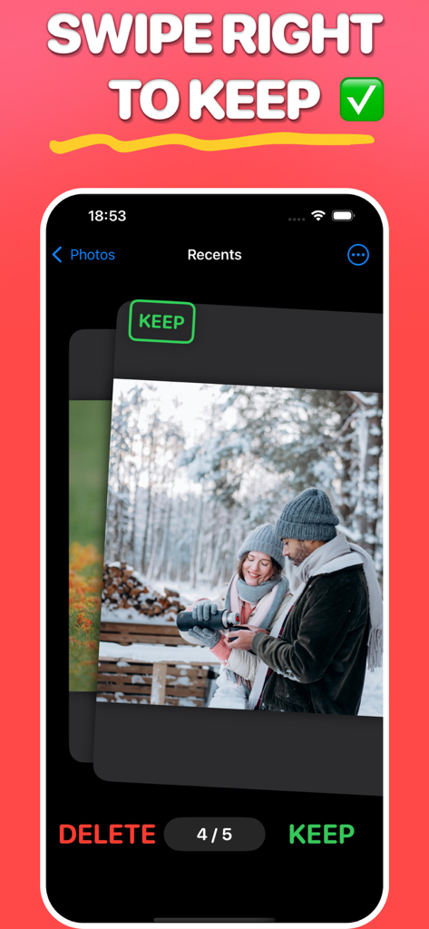 Clean out camera roll-SwipeRol - SwipeRol app interface showing a photo being swiped right to keep it in the camera roll