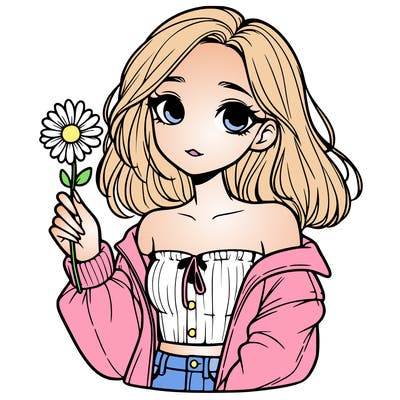 pretty realistic girl  whith a flower in her hand which an off the  shoulders jacket