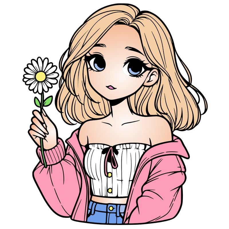 pretty realistic girl  whith a flower in her hand which an off the  shoulders jacket