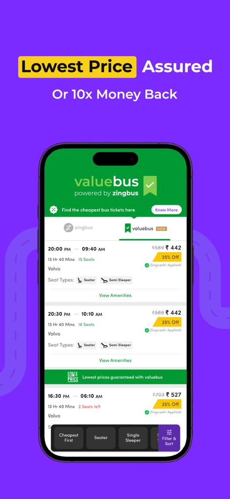 zingbus:Book Bus Ticket Online - Schermata di uno smartphone che mostra la garanzia del prezzo più basso di zingbus Valuebus con opzioni di prenotazione dell'autobus