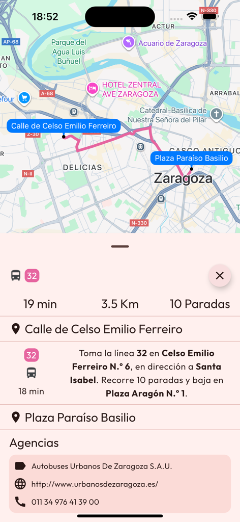 Zaragoza Bus Tranvia Cercanias - Mapa y detalles de ruta para la línea de autobús 32 en la aplicación Zaragoza Bus Tranvia Cercanias.