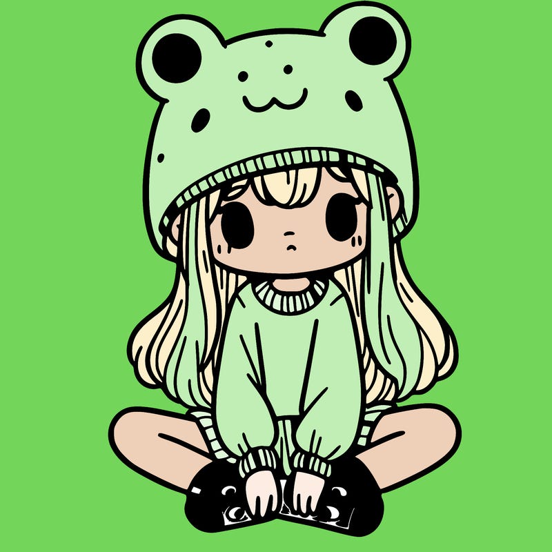 a girl wearing a frog hat and some frog socks