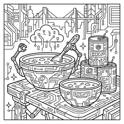 Explore a unique blend of comfort food and futuristic tech with this cyberpunk tomato soup coloring page. Featuring robotic chefs and circuit-laden bowls, it's a high-tech culinary adventure waiting for your colors.