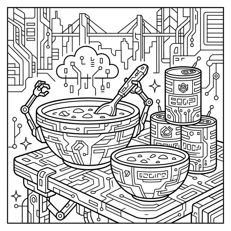 Explore a unique blend of comfort food and futuristic tech with this cyberpunk tomato soup coloring page. Featuring robotic chefs and circuit-laden bowls, it's a high-tech culinary adventure waiting for your colors.
