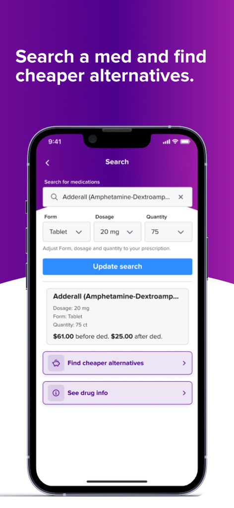 Scripta Insights - Scripta Insightsアプリの検索画面。処方箋の価格と、より安価な代替品を見つけるためのオプションが表示されています。