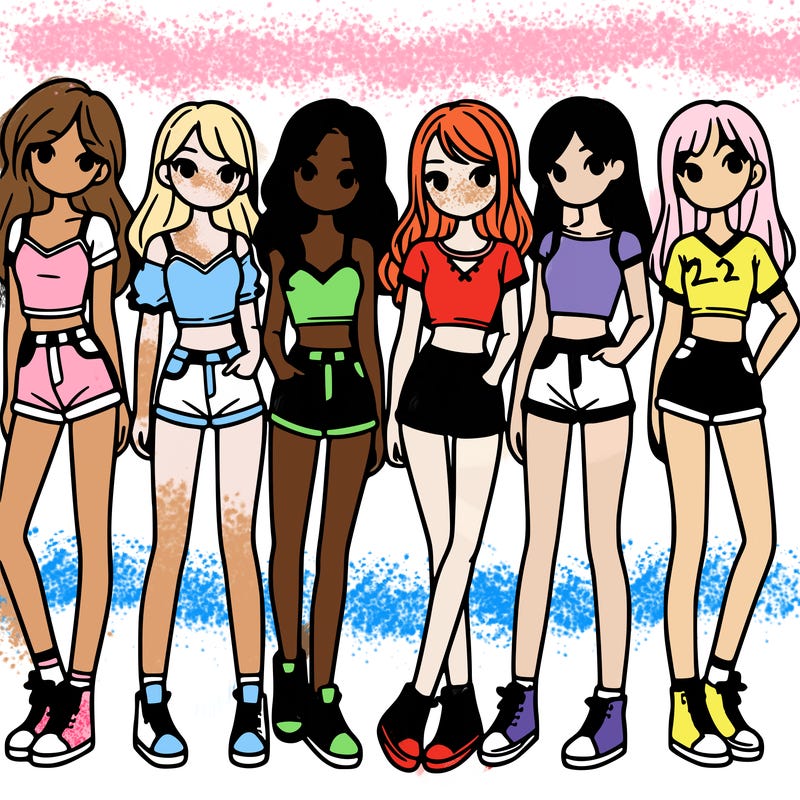 a group of girls wearing crop tops and shorts