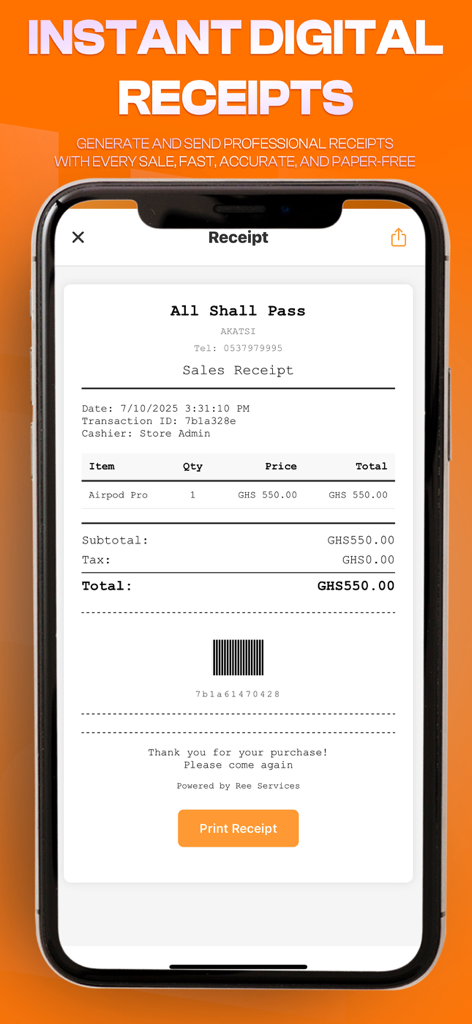 Uma tela de smartphone exibindo um recibo de vendas digital profissional do aplicativo Ree Services