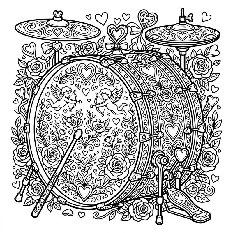 Celebrate love and rhythm with this unique Valentine's Day Bass Drum coloring page, beautifully decorated with romantic hearts, roses, and playful cupids. It's a perfect blend of musical passion and festive romance, ready for your creative touch.