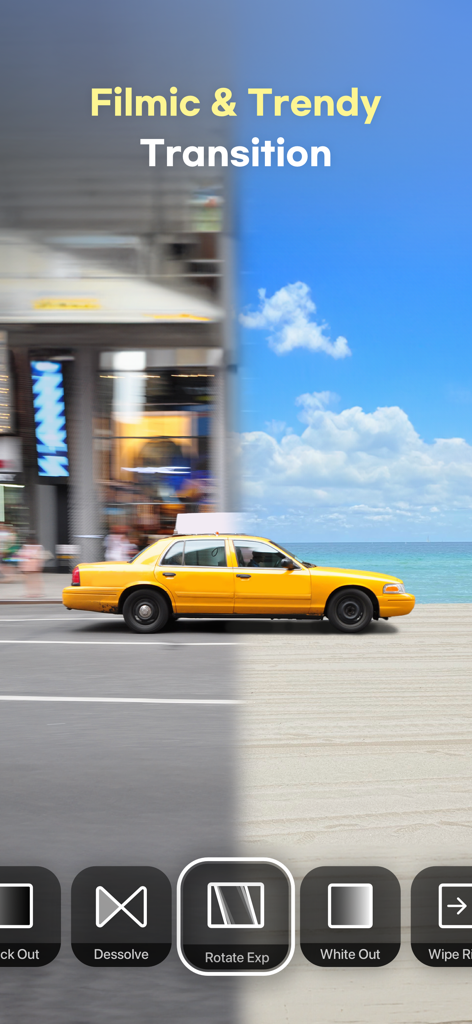 VDIT - Video Maker & Editor - A yellow taxi transitioning from a city street to a beach using the VDIT video editor app's filmic transition tools.