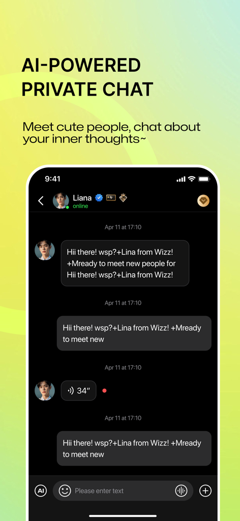 Metya - Web3 Dating & Social - Mobile phone displaying the Metya app private chat interface with AI powered messaging features.