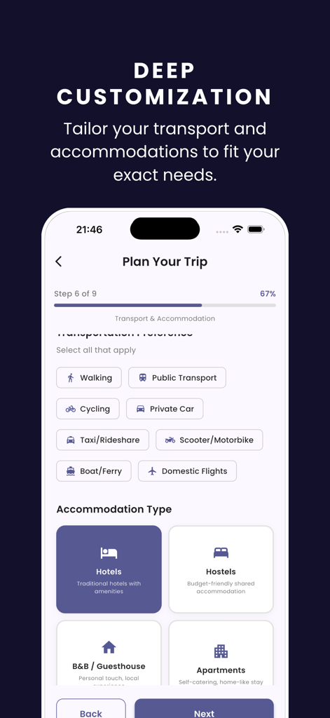 Tela de seleção de tipos de transporte e acomodação no aplicativo de viagens Trip Planner AI