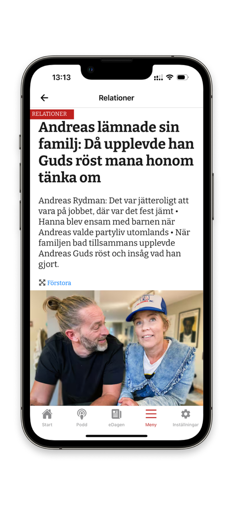 Dagen.se - Dagen.se mobile app displaying a news article about relationships and faith in Swedish.