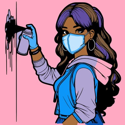 realistic girl with mask spray painting a wall