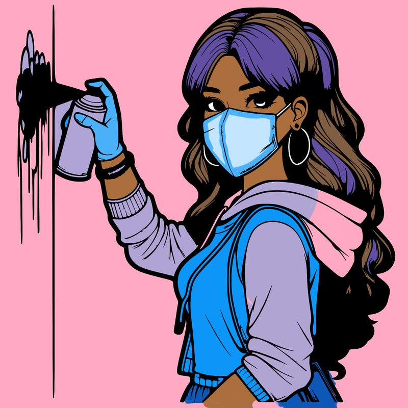 realistic girl with mask spray painting a wall