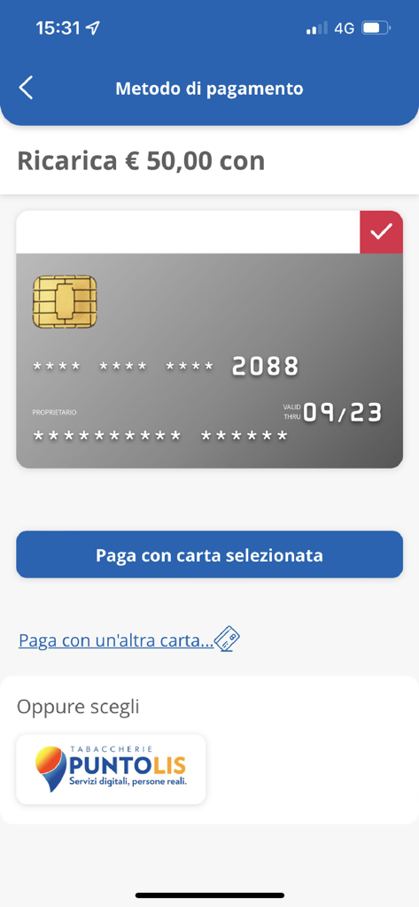 AVM Venezia Official App - 保存済みのクレジットカードやPuntolisのオプションを表示する、クレジットのチャージ用支払い方法選択画面